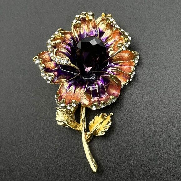 Yellow Gold with Amethyst and Diamond Crystal Enamel Flower Pin Back Brooch - Picture 2 of 8